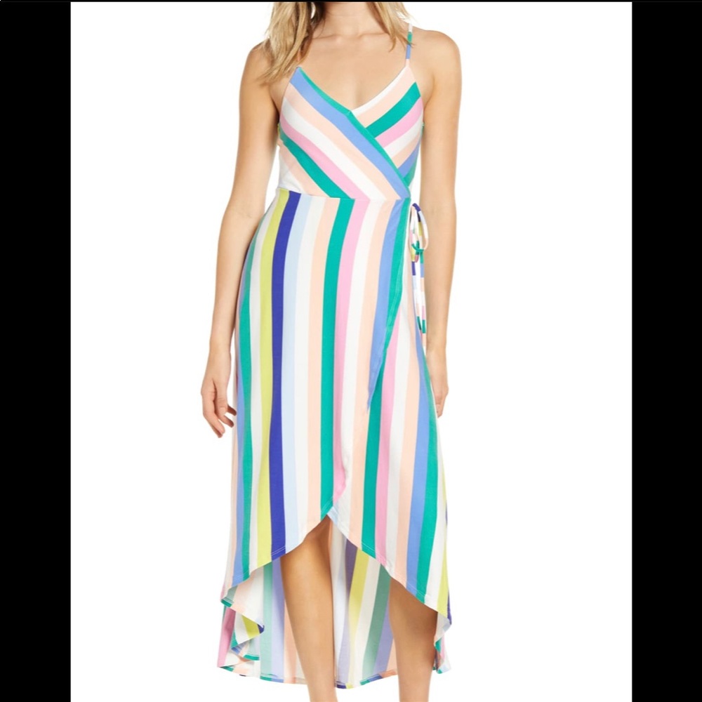 Love, Fire Women’s Pastel Striped Midi Wrap Dress